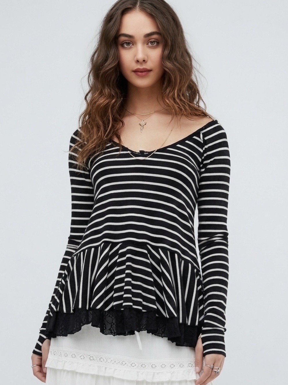 Free People We The Free Black White Striped Peplum Top Long Sleeve Boho Size L